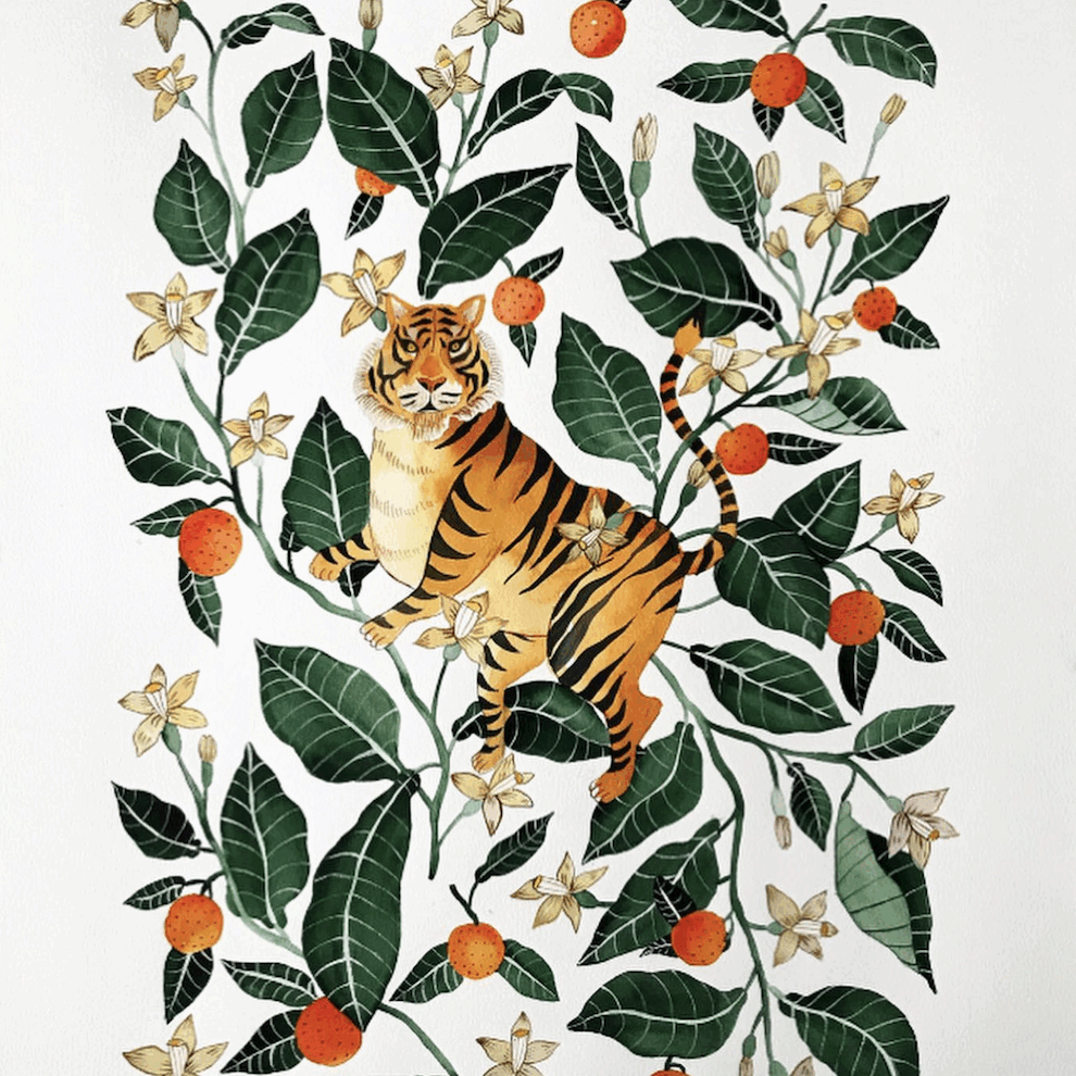 Aitch, Hand drawn watercolour tiger surrounded by leaf pattern. Watercolour illustration by Romanian and folk artist Aitch